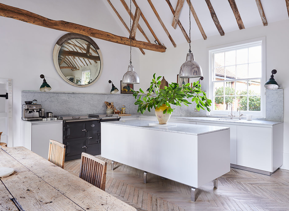Stunning kitchen with parquet floor and exposed beams