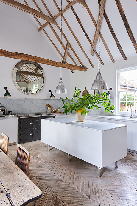 Stunning kitchen with parquet floor and exposed beams