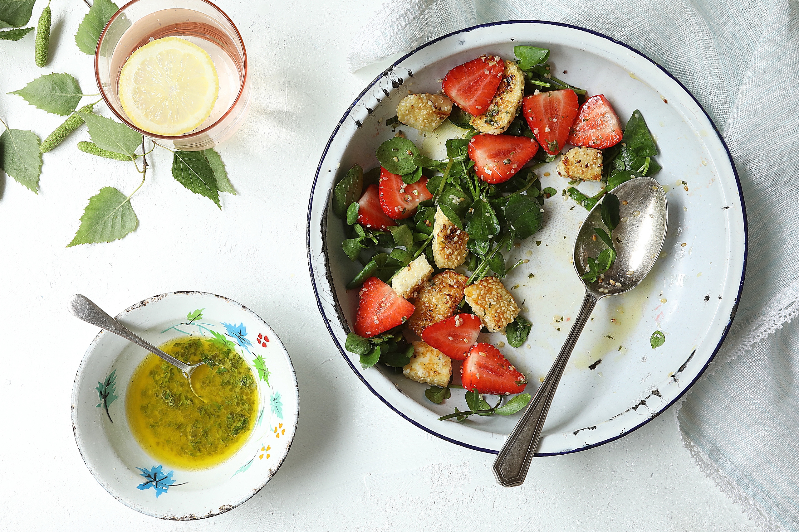 Strawberry Salad and Sesame-Crusted Haloumi